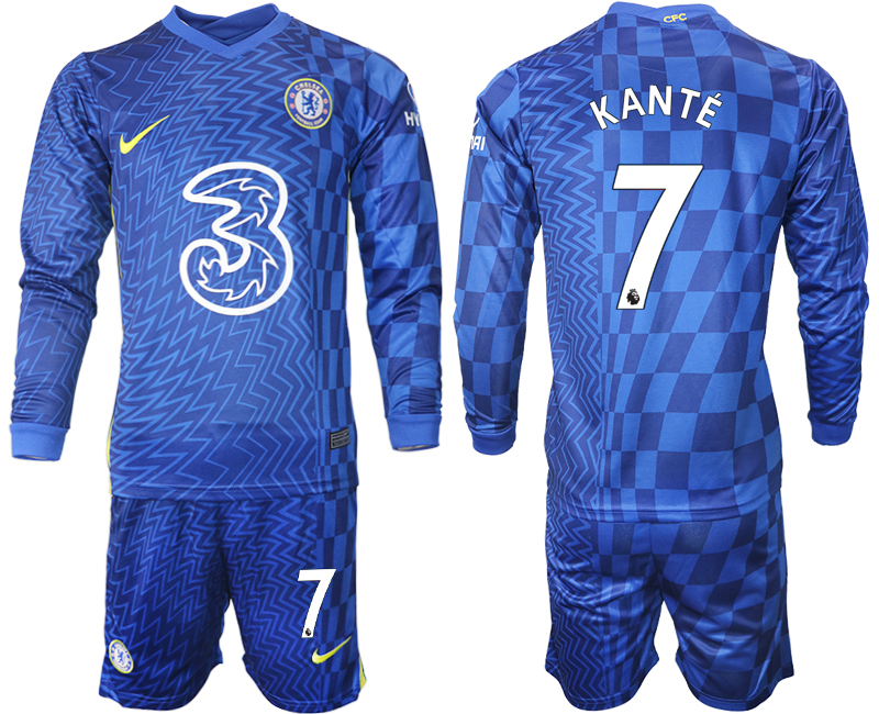 Cheap Men 2021-2022 Club Chelsea home blue Long Sleeve 7 Soccer Jersey